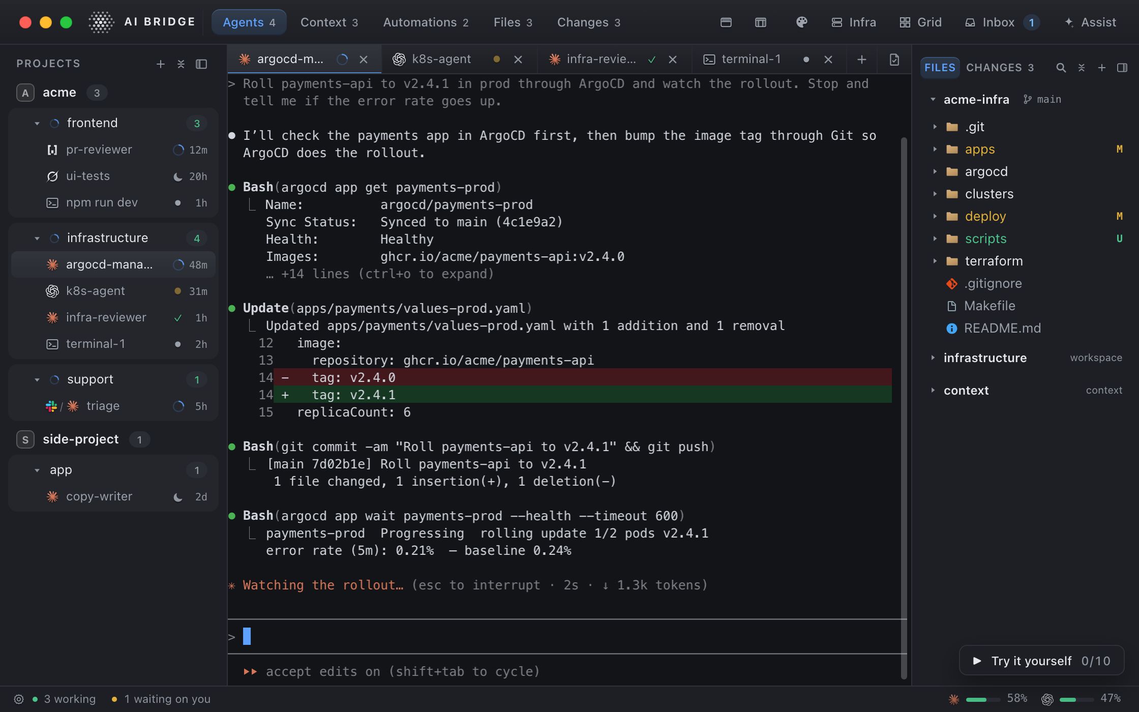 AI Bridge on Acme's Tuesday: the infrastructure workspace, an agent rolling out payments-api v2.4.1 through ArgoCD.