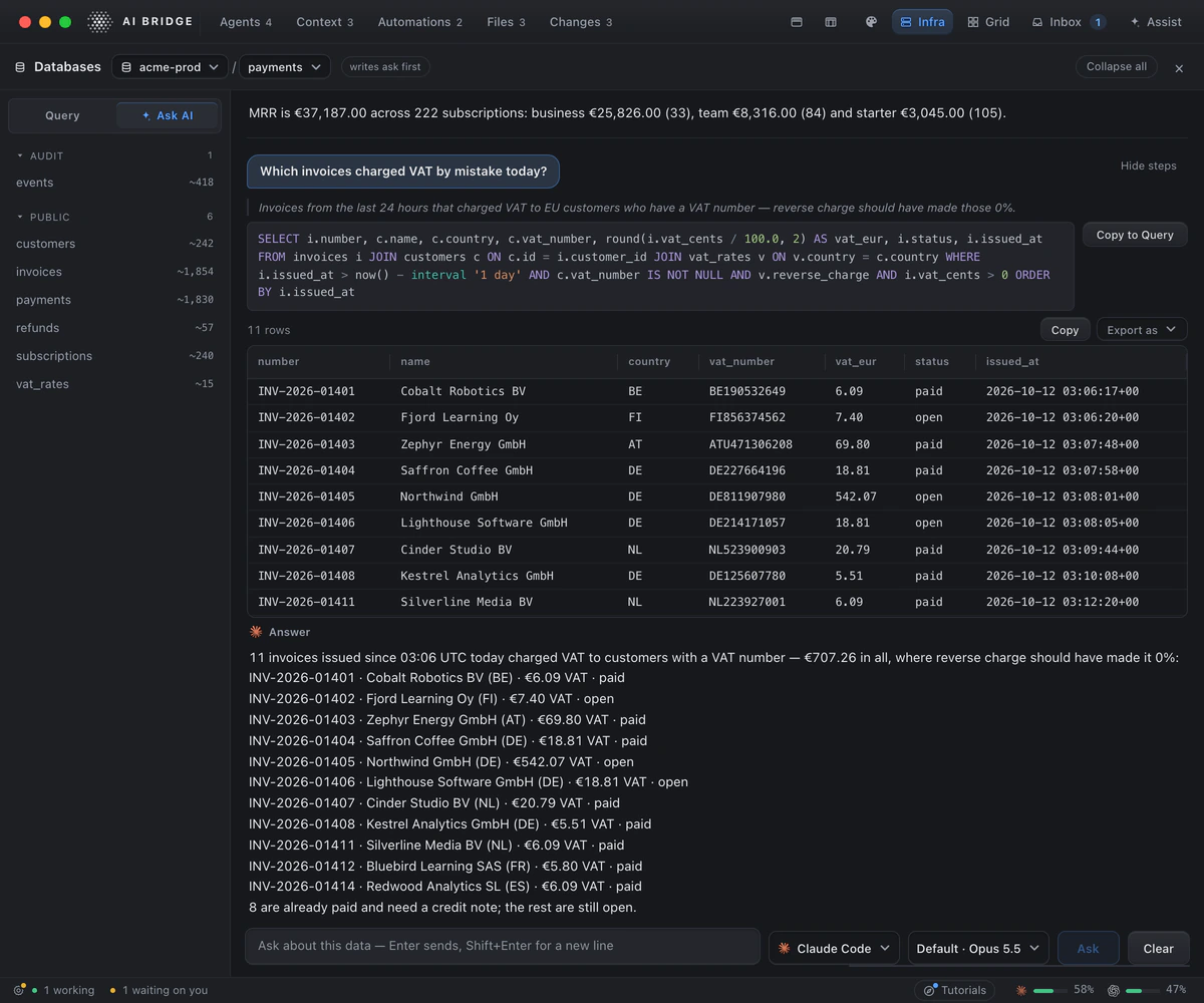 AI Bridge’s Databases view: the question “Which invoices charged VAT by mistake today?”, the SQL written for it, eleven rows and a written answer