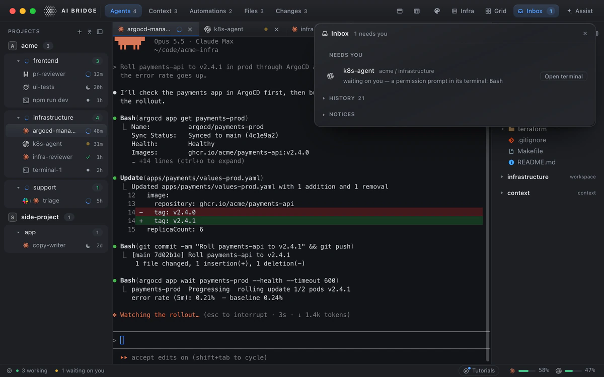 The Inbox in AI Bridge: an agent waiting on a permission prompt, listed with everything else that needs the person