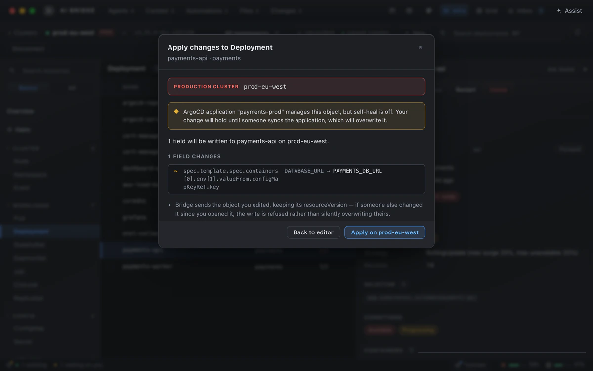 An AI Bridge confirm card applying a change to a Deployment on the production cluster prod-eu-west, with an ArgoCD warning