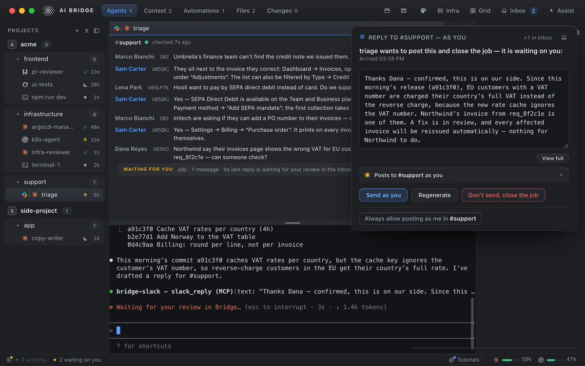 An AI Bridge Slack agent’s drafted reply to the #support channel, waiting for Send as you